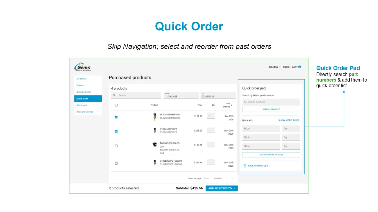 Portal quick order page